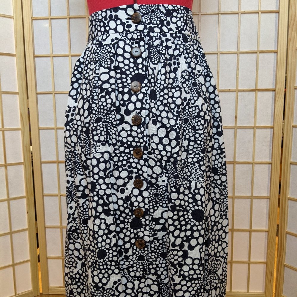 Blue and white button-front linen midi skirt